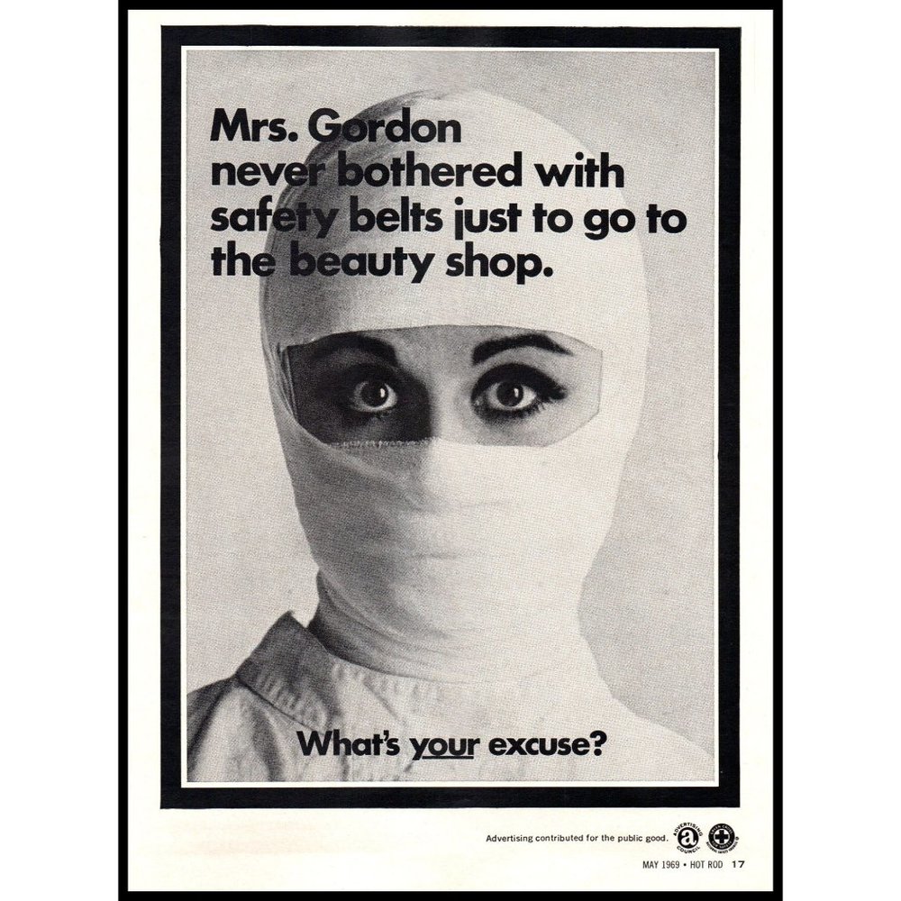 1969 Ad Council Seatbelt Safety PSA Vintage Print Ad Woman Beauty Shop Wall Art